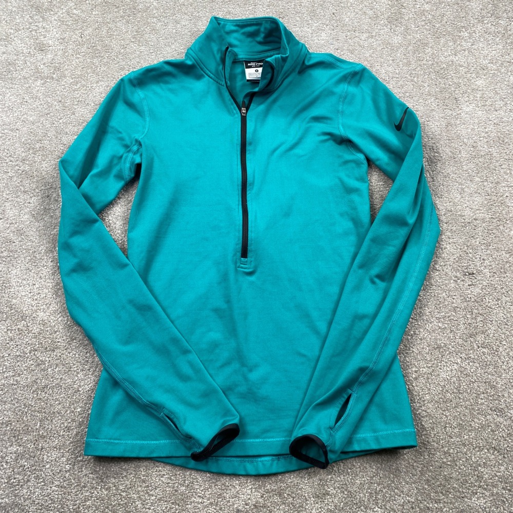 Nike Pro Dri-FIT Pullover Womens Small Teal Blue Quarter Zip Thumbholes
